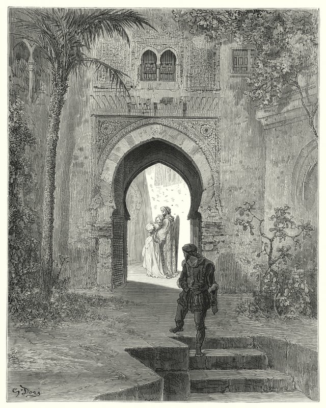 Gustave Dores Don Quijote: "Zoraida, som visade problem i sitt utseende, gick iväg med sin far" (gravyr) av Gustave Dore