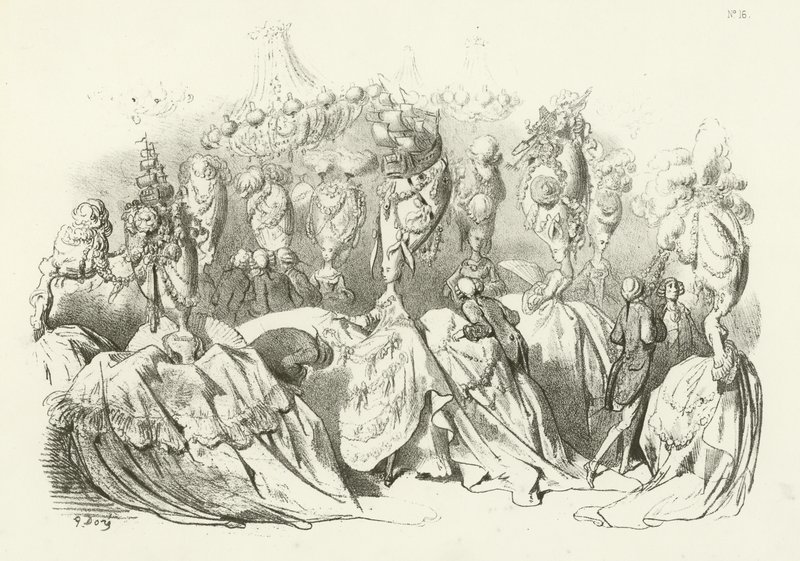 Huvudklänningar under Ludvig XVI:s regeringstid (gravyr) av Gustave Dore