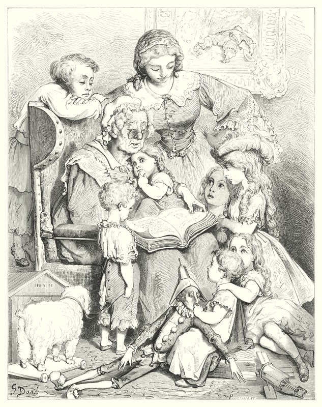 Läser familjesagor (gravyr) av Gustave Dore