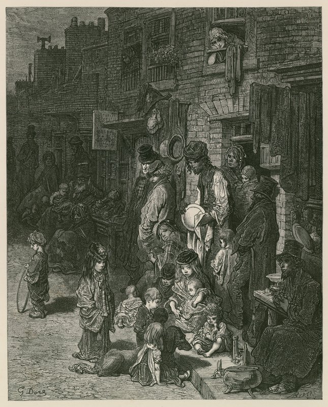 Slumkvarter i London (gravyr) av Gustave Dore