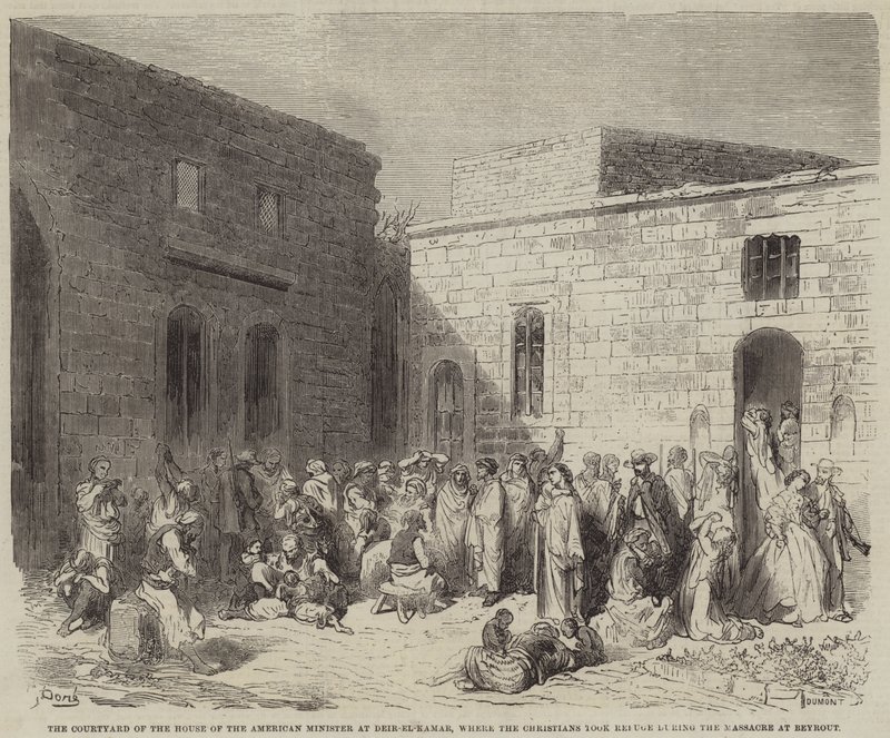 Gården till den amerikanske ministerns hus i Deir-el-Qamar, dit de kristna tog ? av Gustave Dore
