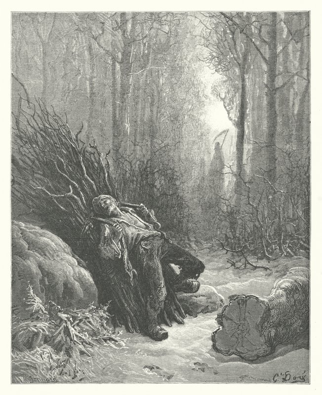 La Fontaines fabler: Döden och skogshuggaren (gravyr) av Gustave Dore