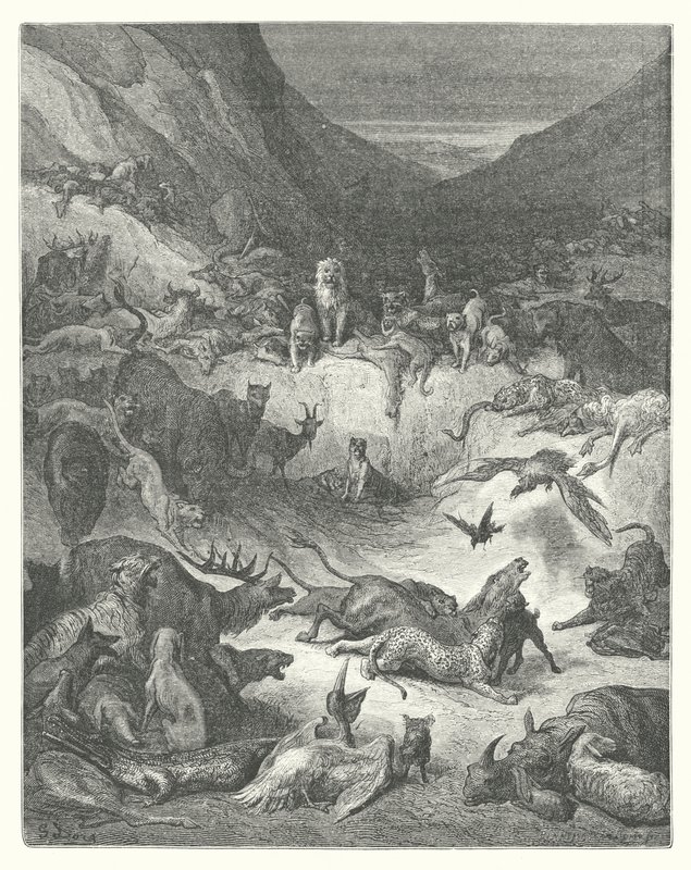 La Fontaines fabler: Djuren som är sjuka i pest (gravyr) av Gustave Dore