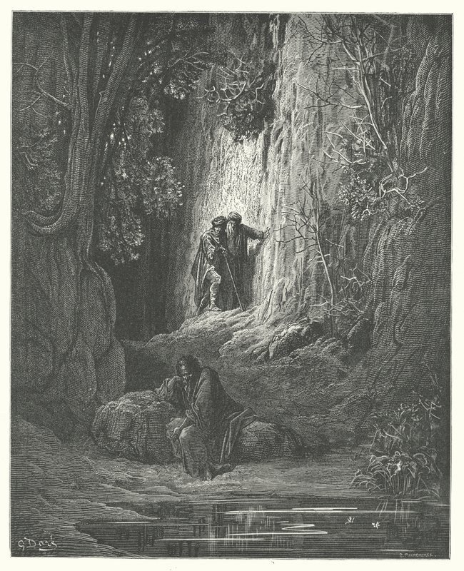 La Fontaines fabler: Skiljedomaren, Almoner och eremiten (gravyr) av Gustave Dore
