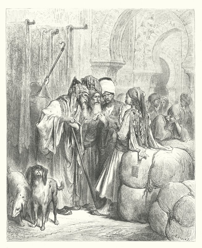 La Fontaines fabler: Bashawen och köpmannen (gravyr) av Gustave Dore