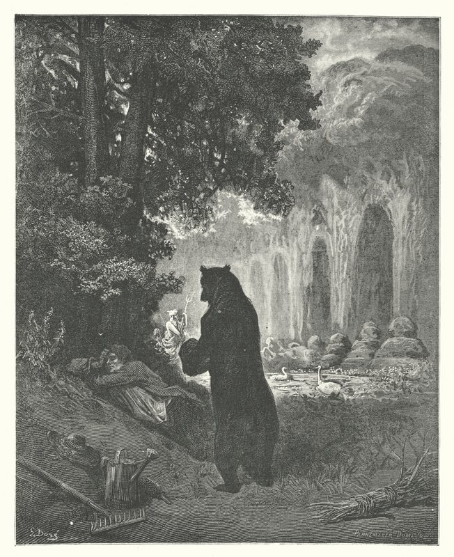 La Fontaines fabler: Björnen och trädgårdsamatören (gravyr) av Gustave Dore