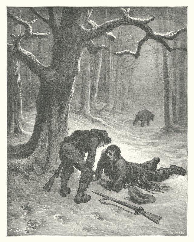 La Fontaines fabler: Björnen och de två vännerna (gravyr) av Gustave Dore