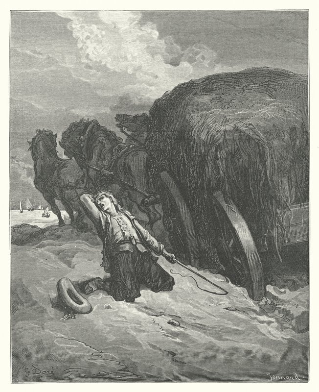 La Fontaines fabler: Carter som fastnat i leran (gravyr) av Gustave Dore