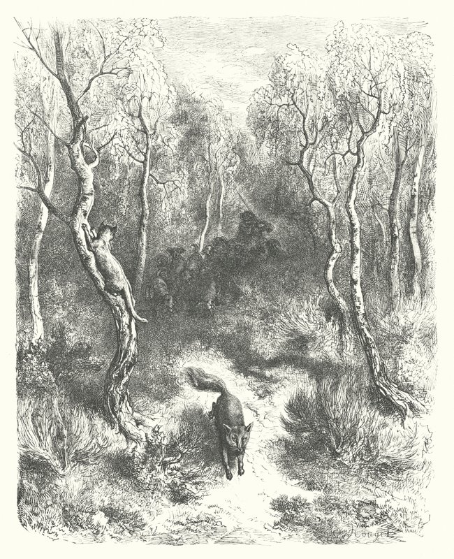 La Fontaines fabler: Katten och räven (gravyr) av Gustave Dore