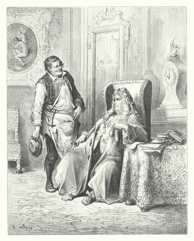 La Fontaines fabler: Skomakaren och bankiren (gravyr) av Gustave Dore