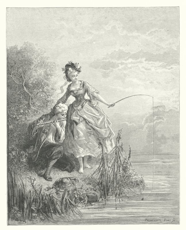 La Fontaines fabler: Fisken och herden som spelade på klarionetten (gravyr) av Gustave Dore
