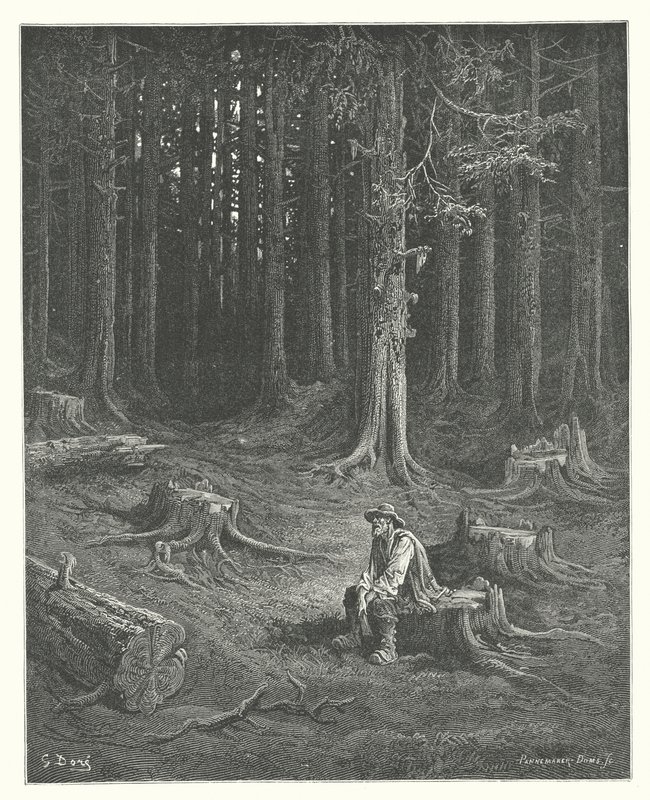 La Fontaines fabler: Skogen och skogsarbetaren (gravyr) av Gustave Dore