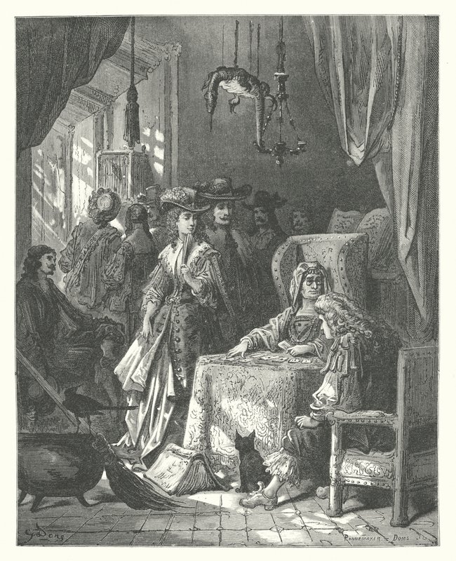La Fontaines fabler: Spåkvinnan (gravyr) av Gustave Dore