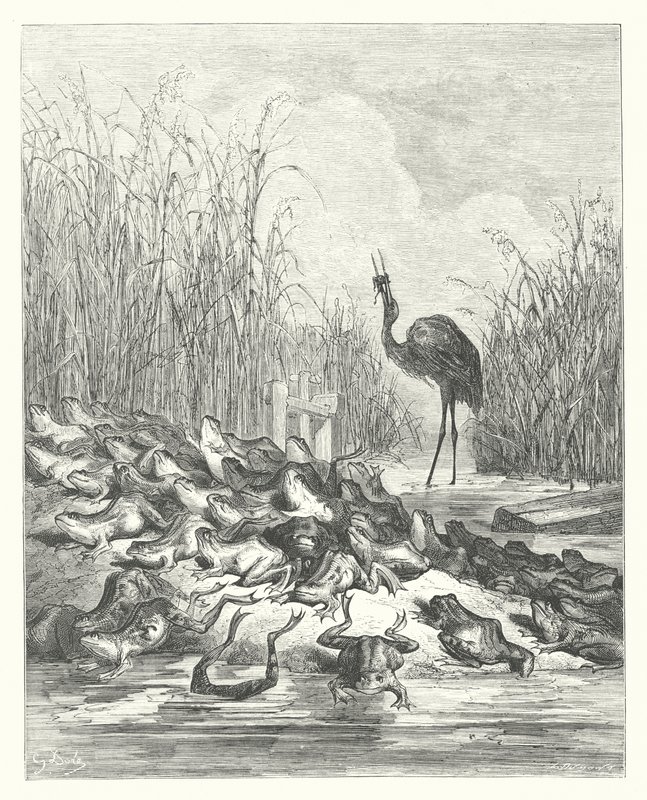 La Fontaines fabler: Grodorna som bad om en kung (gravyr) av Gustave Dore