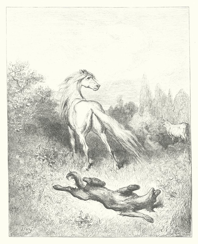 La Fontaines fabler: Hästen och vargen (gravyr) av Gustave Dore