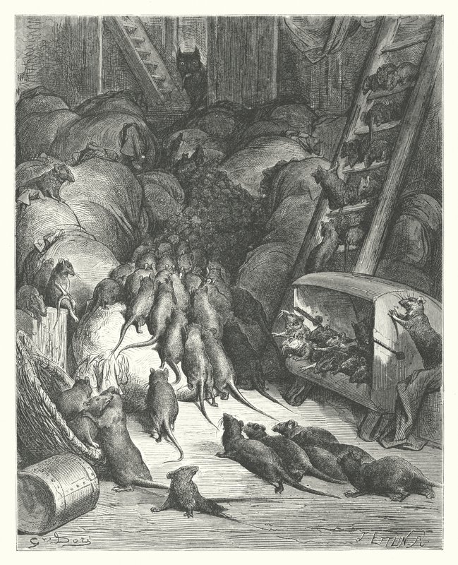 La Fontaines fabler: Råttornas förbund (gravyr) av Gustave Dore