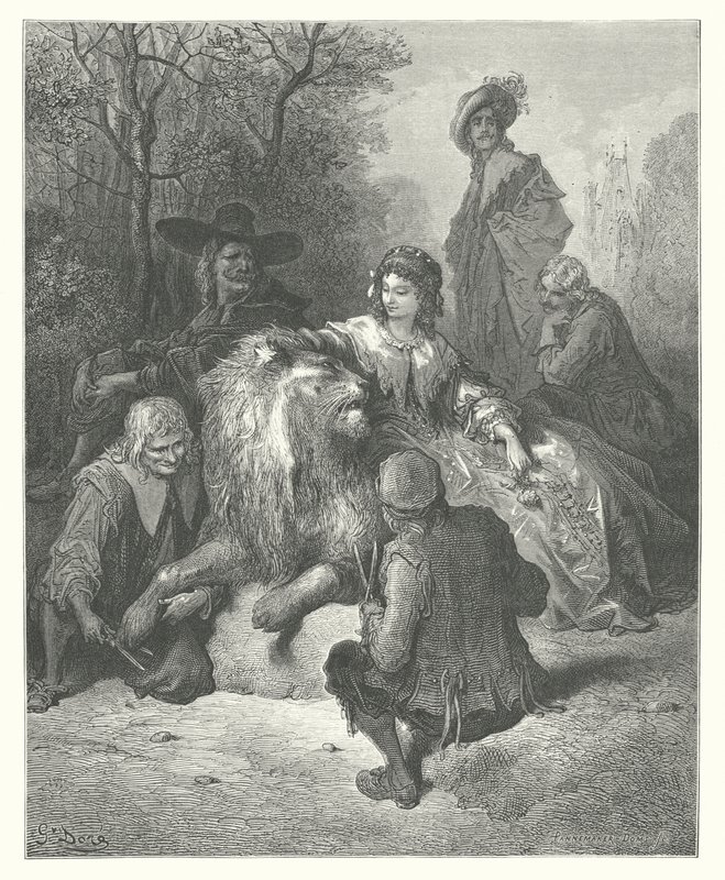 La Fontaines fabler: Det förälskade lejonet (gravyr) av Gustave Dore