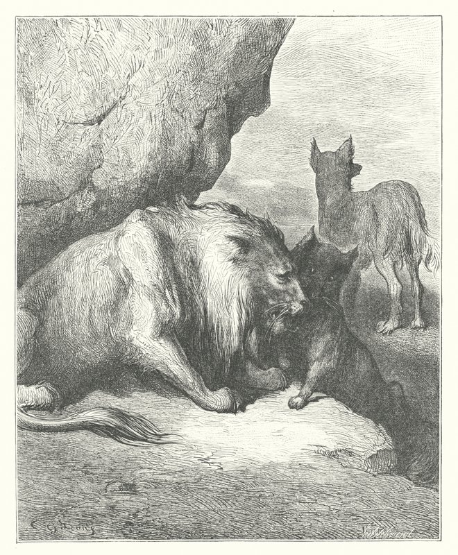 La Fontaines fabler: Lejonet, vargen och räven (gravyr) av Gustave Dore