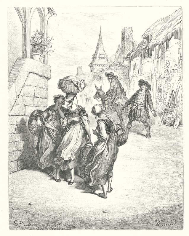 La Fontaines fabler: Mjölnaren, hans son och åsnan (gravyr) av Gustave Dore