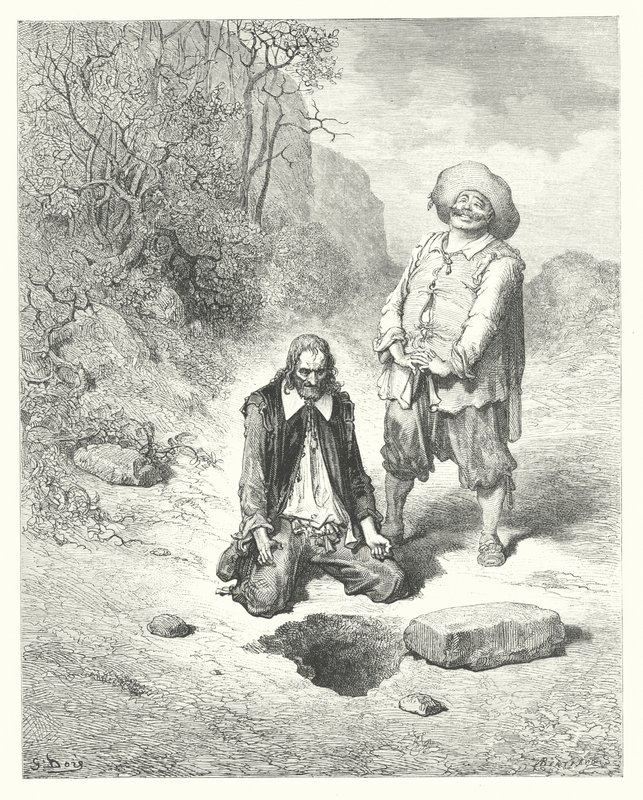 La Fontaines fabler: Fattighjonet som förlorade sin skatt (gravyr) av Gustave Dore