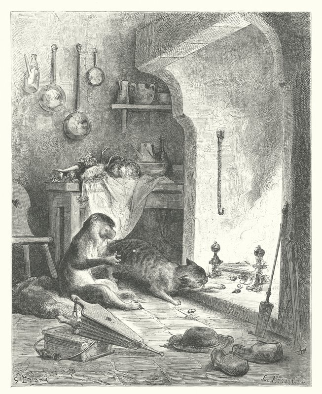 La Fontaines fabler: Apan och katten (gravyr) av Gustave Dore