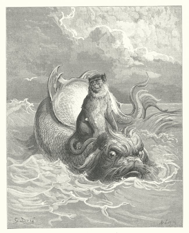 La Fontaines fabler: Apan och delfinen (gravyr) av Gustave Dore