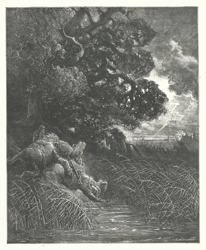 La Fontaines fabler: Eken och vassen (gravyr) av Gustave Dore