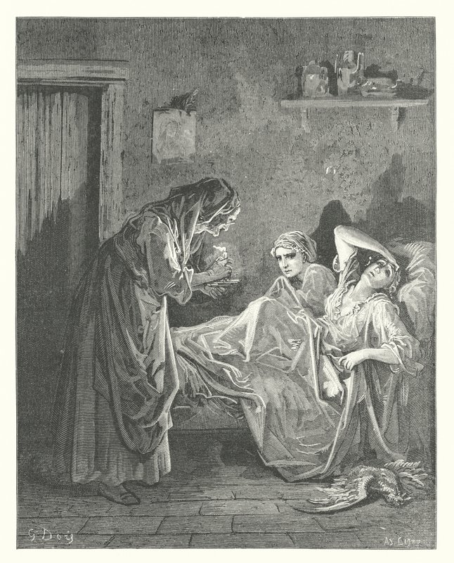 La Fontaines fabler: Den gamla kvinnan och hennes tjänare (gravyr) av Gustave Dore