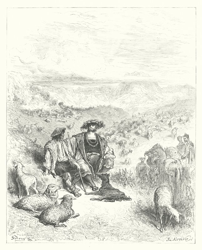 La Fontaines fabler: Fåraherden och kungen (gravyr) av Gustave Dore