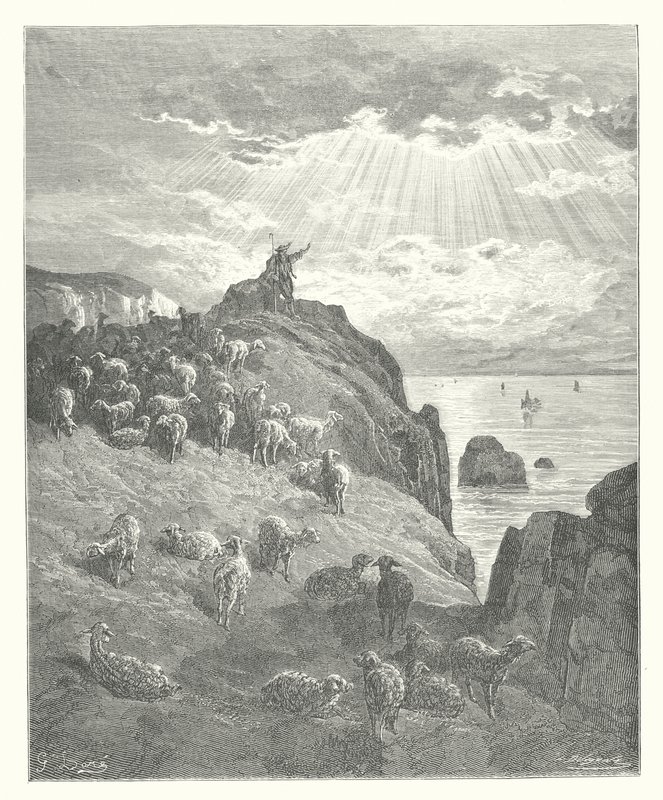 La Fontaines fabler: Fåraherden och havet (gravyr) av Gustave Dore