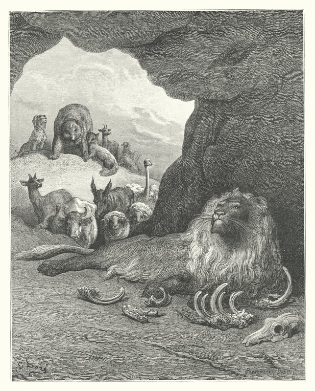 La Fontaines fabler: Det sjuka lejonet och räven (gravyr) av Gustave Dore