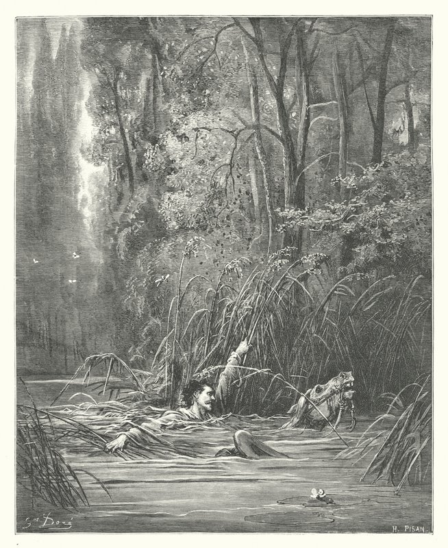 La Fontaines fabler: Strömmen och floden (gravyr) av Gustave Dore