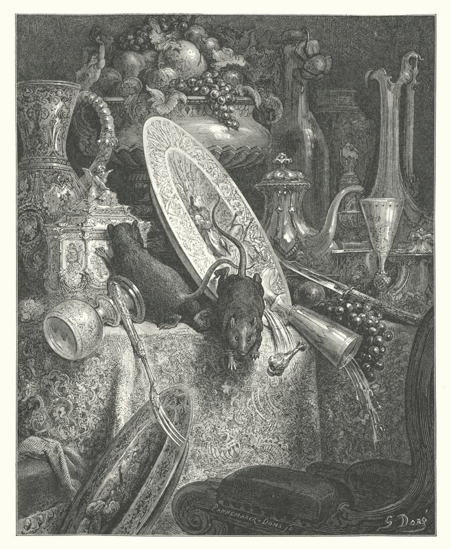 La Fontaines fabler: Stadsråttan och lantråttan (gravyr) av Gustave Dore