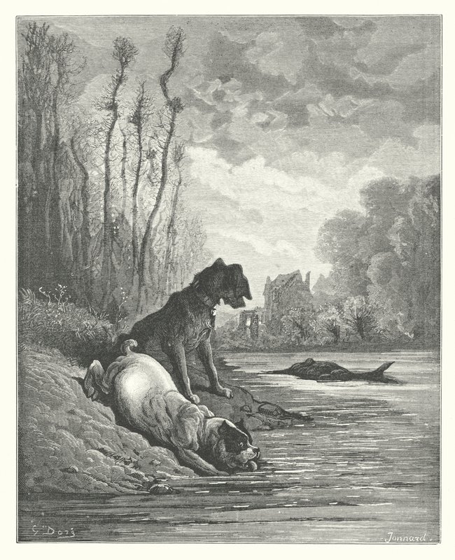 La Fontaines fabler: De två hundarna och den döda åsnan (gravyr) av Gustave Dore