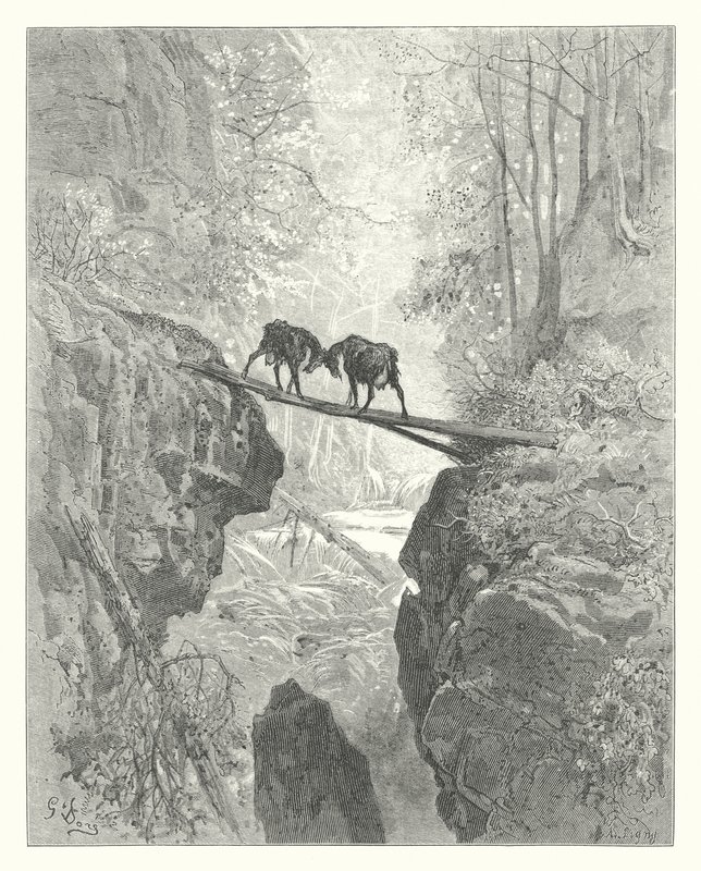 La Fontaines fabler: De två getterna (gravyr) av Gustave Dore
