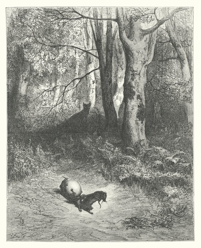 La Fontaines fabler: De två råttorna, räven och ägget (gravyr) av Gustave Dore