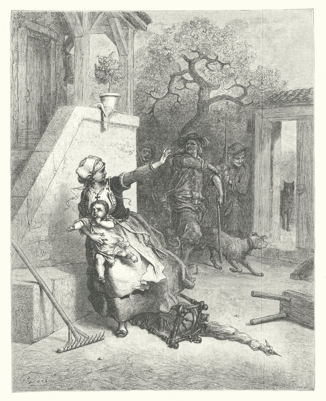 La Fontaines fabler: Vargen, modern och barnet (gravyr) av Gustave Dore