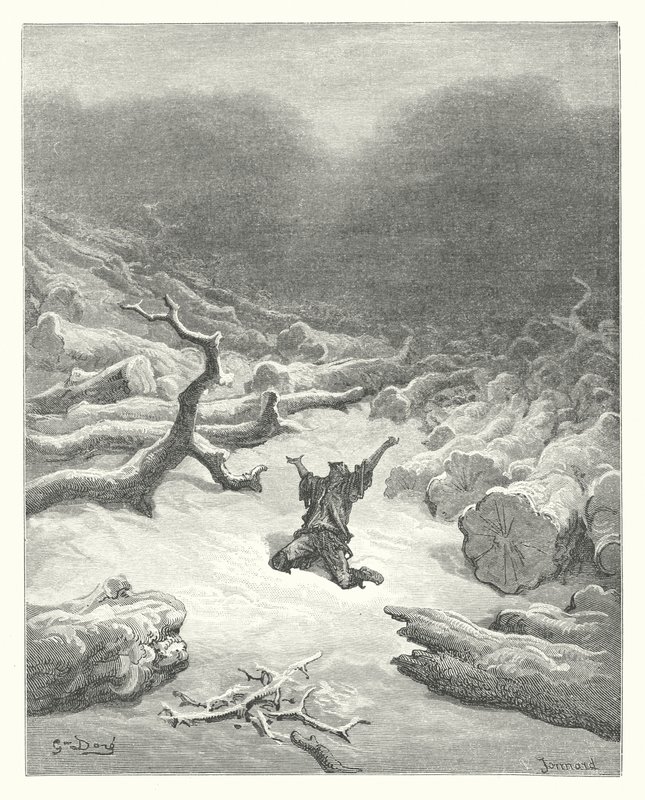 La Fontaines fabler: Skogshuggaren och Merkurius (gravyr) av Gustave Dore