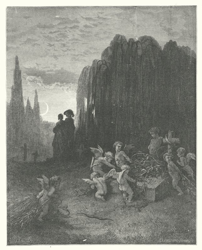 La Fontaines fabler: Den unga änkan (gravyr) av Gustave Dore