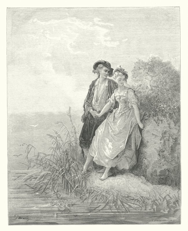 La Fontaines fabler: Tircis och Amaranth (gravyr) av Gustave Dore
