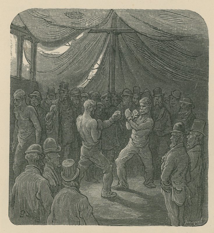 Två män som boxas som en folkmassa tittar på av Gustave Dore