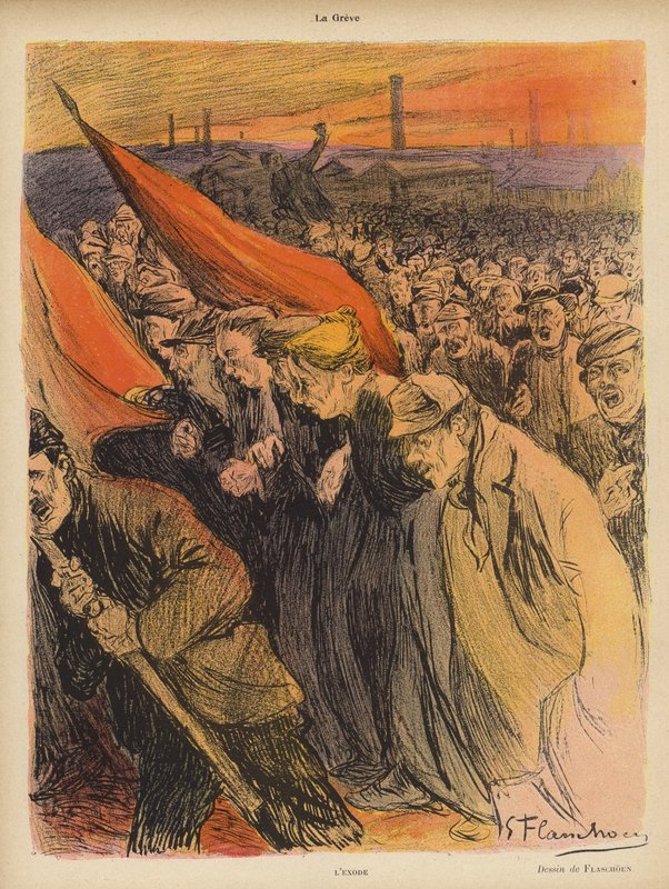 Industriell strejk: The Exodus, c.1902 (färg litho) av Gustave Flasschoen