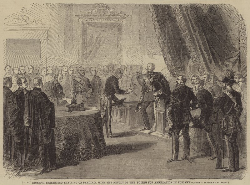 Baron Ricasoli presenting the King of Sardinia with the Result of the Voting for Annexation in Tuscany  av Gustave Janet