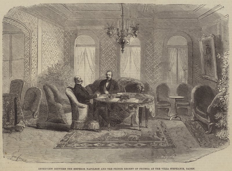 Interview between the Emperor Napoleon and the Prince Regent of Prussia at the Villa Stephanie, Baden  av Gustave Janet