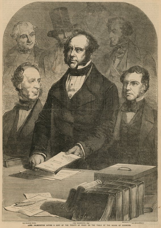 Lord Palmerston lägger en kopia av fredsfördraget på underhusets bord av Gustave Janet