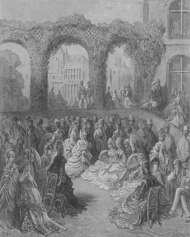 En morgon i en aristokratisk trädgård, Holland-House av Gustave after Dore