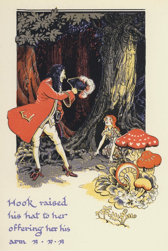 Peter Pan och Wendy: Hook lyfte sin hatt mot henne och erbjöd henne sin arm (färg litho) av Gwynedd M. Hudson