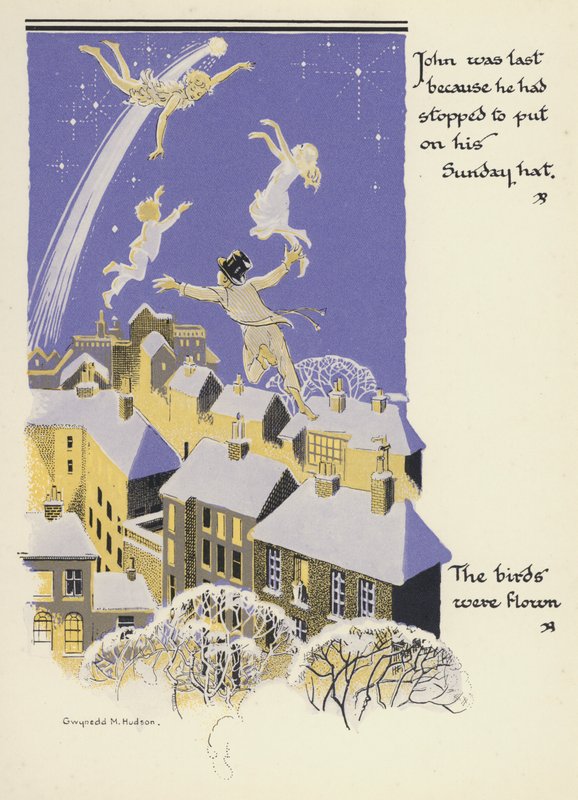 Peter Pan och Wendy: John var sist eftersom han hade stannat för att ta på sig sin söndagshatt, fåglarna flögs (färg litho) av Gwynedd M. Hudson