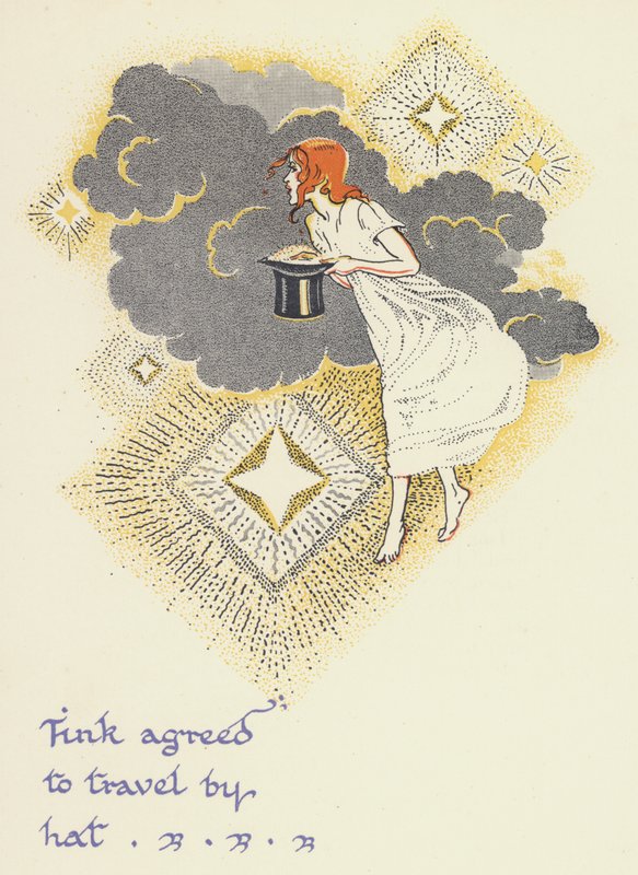 Peter Pan och Wendy: Tink gick med på att resa med hatt (färg litho) av Gwynedd M. Hudson