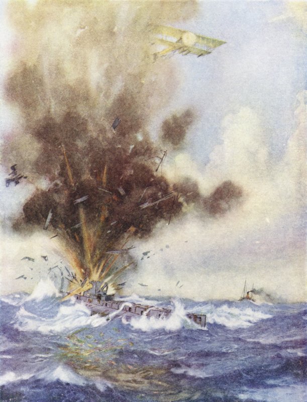 Skvadronledaren Arthur Bigsworth attackerar med bomber en tysk ubåt, som fylls och sjunker utanför Oostende, Belgien, 26 augusti 1915 av H. G. Swanwick